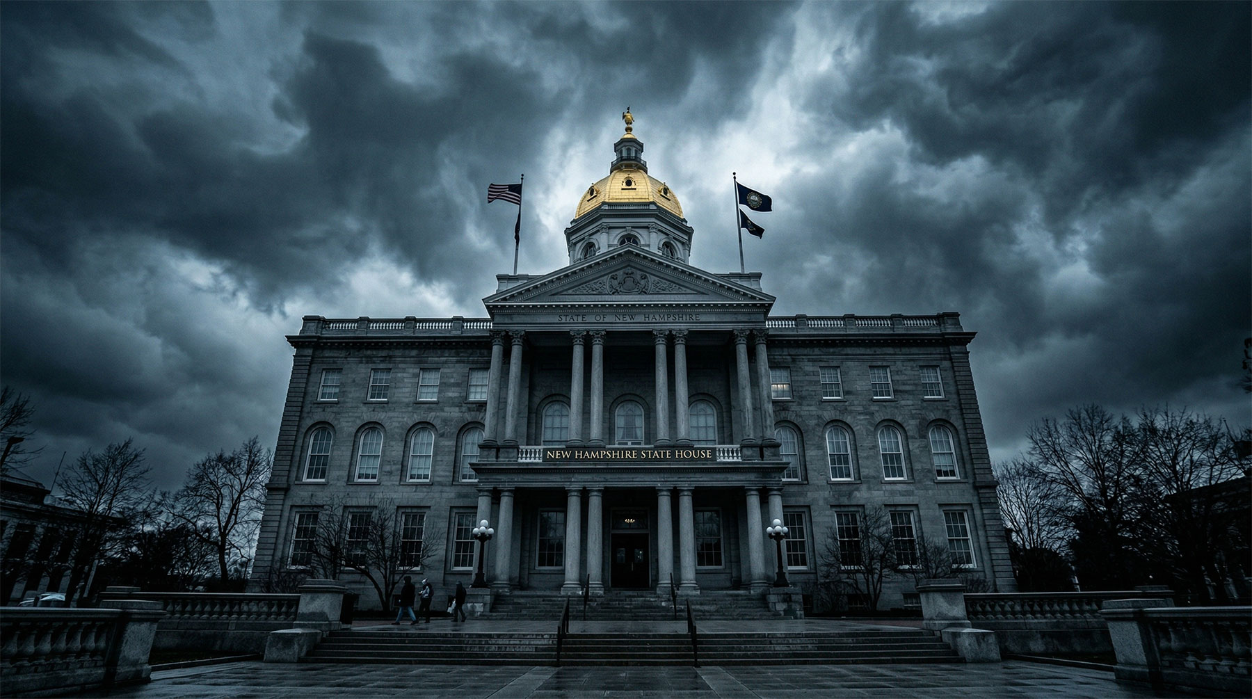 New Hampshire State House under dark clouds